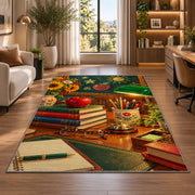 Teacher Desk Rug in a living room with a desk and large windows