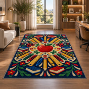 School Supplies Mandala Rug in a living room with a desk and large windows