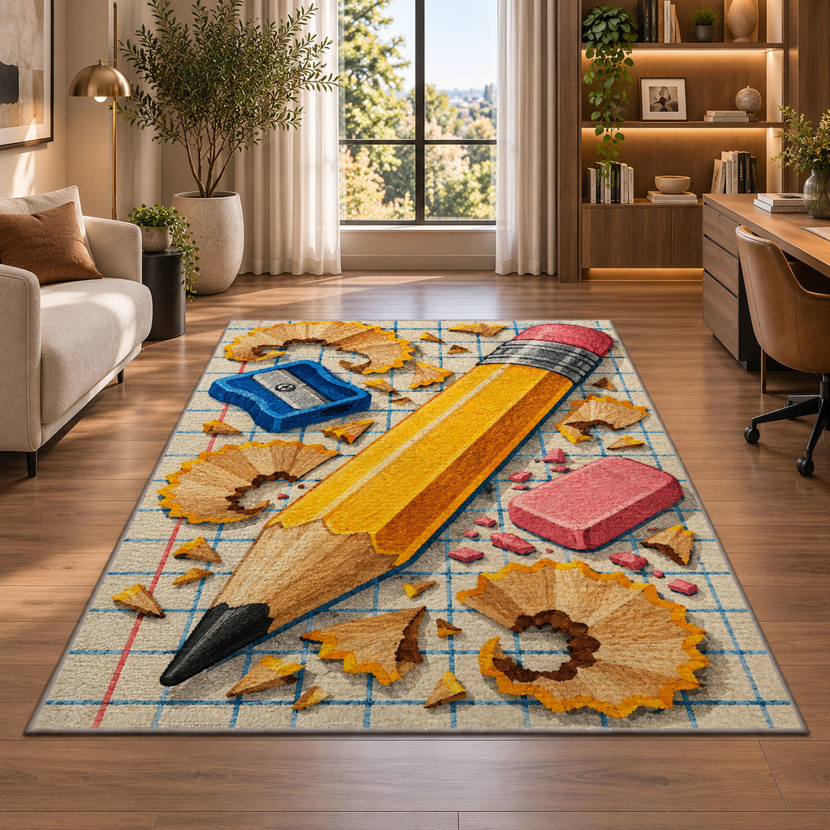 Giant Pencil Rug in a living room with a desk and large windows