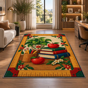 Ruler Border Teacher Rug in a living room with a desk and large windows