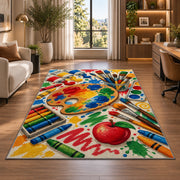 Art Teacher Rug in a living room with a desk and large windows