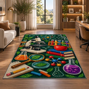 Science Teacher Rug in a living room with a desk and large windows
