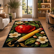 Apple and Pencil Rug in a living room with a desk and large windows
