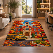 Autumn Schoolhouse Rug in a living room with a desk and large windows