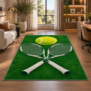 Tennis Rackets and Ball Rug in a living room with a desk and large windows