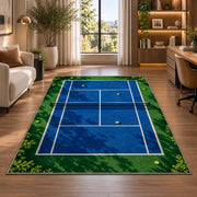 Tennis Court Rug in a living room with a desk and large windows