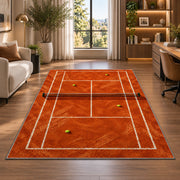 Clay Tennis Court Rug in a living room with a desk and large windows
