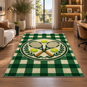 Tennis Club Rug in a living room with a desk and large windows