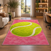 Giant Tennis Ball Rug in a living room with a desk and large windows