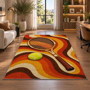 Retro Tennis Rug in a living room with a desk and large windows