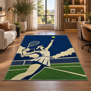 Tennis Player Serve Rug in a living room with a desk and large windows