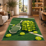 Tennis Ball Basket Rug in a living room with a desk and large windows