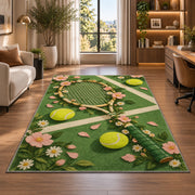 Floral Tennis Racket Rug in a living room with a desk and large windows