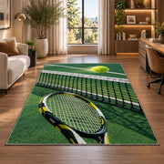 Tennis Net Rug in a living room with a desk and large windows