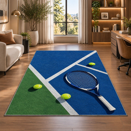Blue Hard Court Tennis Rug in a living room with a desk and large windows