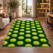 Tennis Ball Pattern Rug in a living room with a desk and large windows