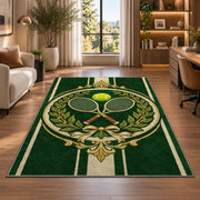 Vintage Tennis Crest Rug in a living room with a desk and large windows