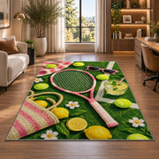 Summer Tennis Rug in a living room with a desk and large windows