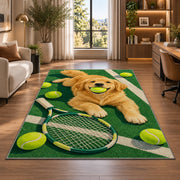 Dog with Tennis Ball Rug in a living room with a desk and large windows