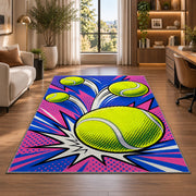 Pop Art Tennis Ball Rug in a living room with a desk and large windows