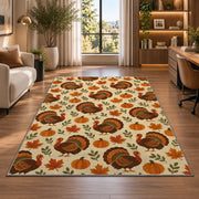Turkey and Pumpkin Pattern Rug in a living room with a desk and large windows