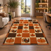 Retro Checkered Thanksgiving Rug in a living room with a desk and large windows