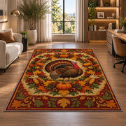 Autumn Wreath Turkey Rug in a living room with a desk and large windows