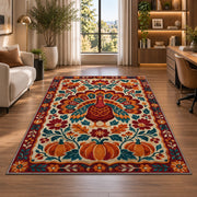 Folk Art Turkey Rug in a living room with a desk and large windows