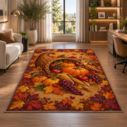 Cornucopia Harvest Rug in a living room with a desk and large windows