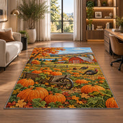 Pumpkin Patch Farm Rug in a living room with a desk and large windows