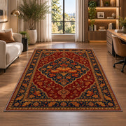 Persian Style Pumpkin Rug in a living room with a desk and large windows