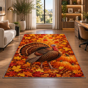 Turkey in Fall Leaves Rug in a living room with a desk and large windows