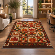 Thanksgiving Patchwork Rug in a living room with a desk and large windows