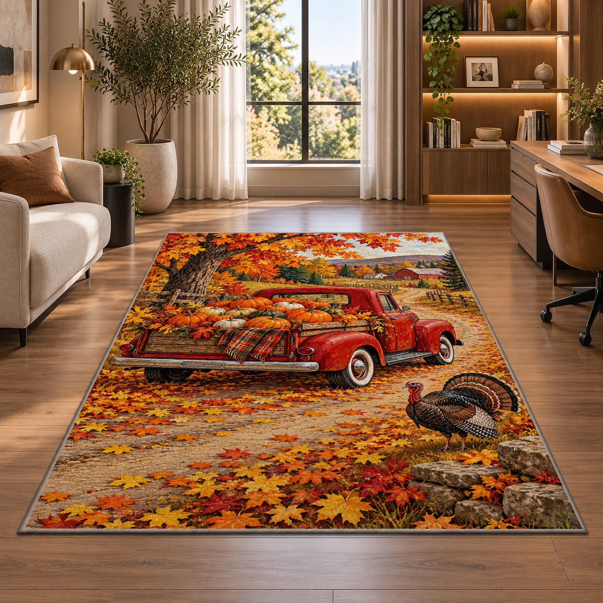 Red Vintage Truck Pumpkin Rug in a living room with a desk and large windows