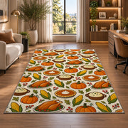 Thanksgiving Food Pattern Rug in a living room with a desk and large windows