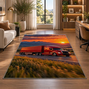 Red semi truck at sunset rug in a living room with a desk and large windows