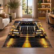 Chrome semi truck front rug in a living room with a desk and large windows