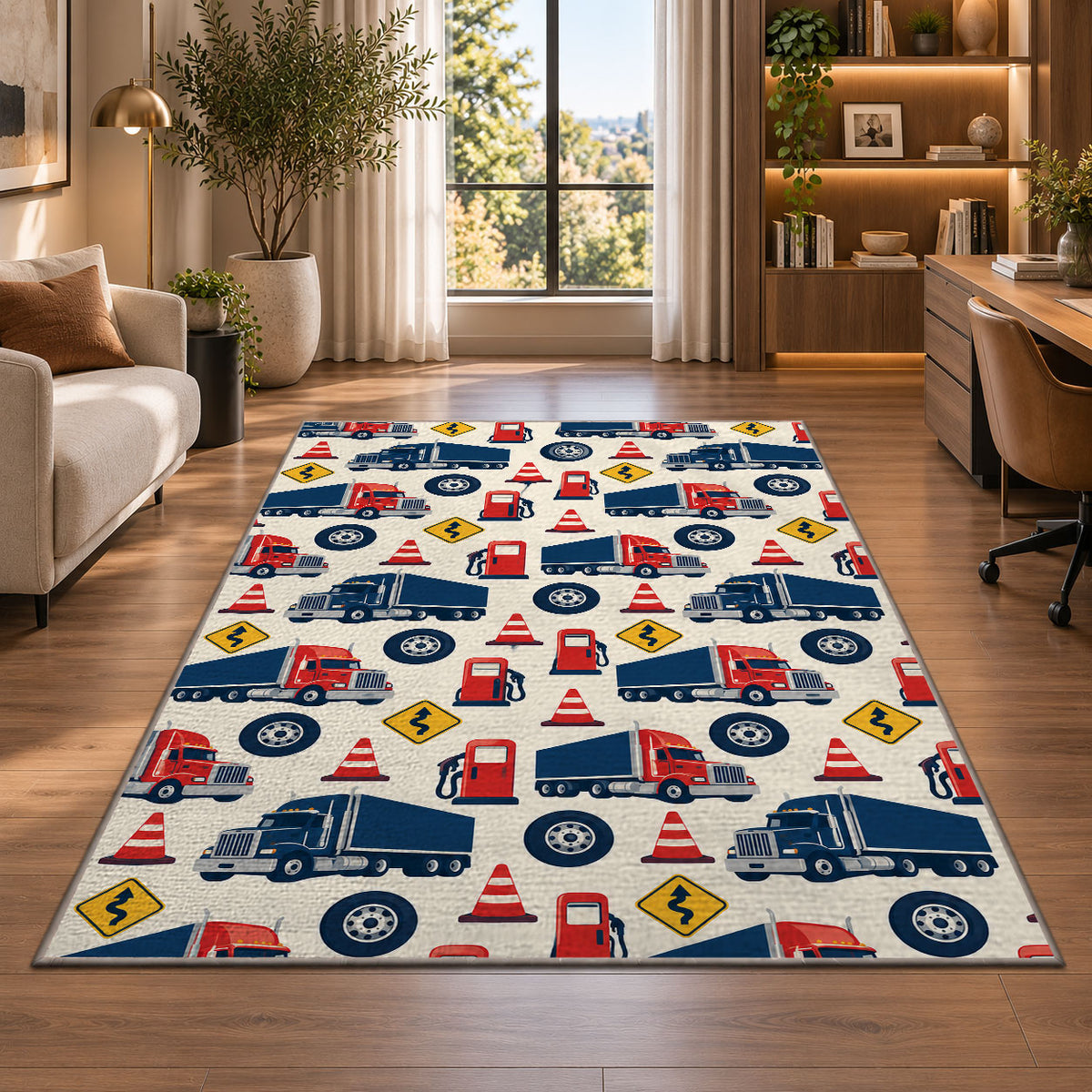Semi truck pattern rug in a living room with a desk and large windows