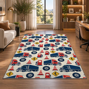 Semi truck pattern rug in a living room with a desk and large windows