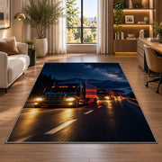 Semi truck convoy at night rug in a living room with a desk and large windows
