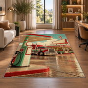 Retro truck stop rug in a living room with a desk and large windows