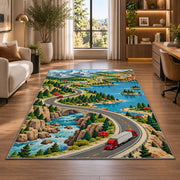 Illustrated road map with trucks rug in a living room with a desk and large windows