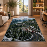 Semi truck on mountain pass rug in a living room with a desk and large windows