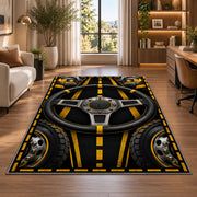 Truck steering wheel rug in a living room with a desk and large windows