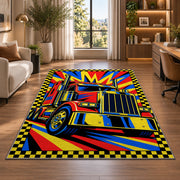 Pop art semi truck rug in a living room with a desk and large windows