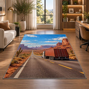 Semi truck on desert highway rug in a living room with a desk and large windows
