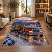 Christmas tree semi truck rug in a living room with a desk and large windows