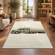 Vintage 1950s truck rug in a living room with a desk and large windows