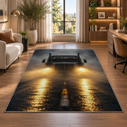 Semi truck headlights in fog rug in a living room with a desk and large windows