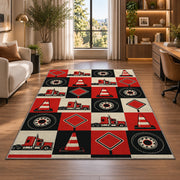 Checkered trucks and road signs rug in a living room with a desk and large windows